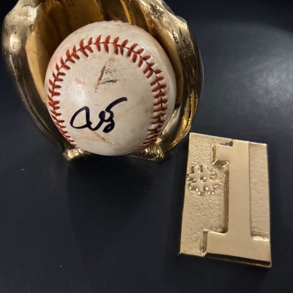 ⚾ VINTAGE Solid Brass Baseball Glove Ball Holder & No. 1 Plaque Desk Trophy Set - Picture 13 of 13